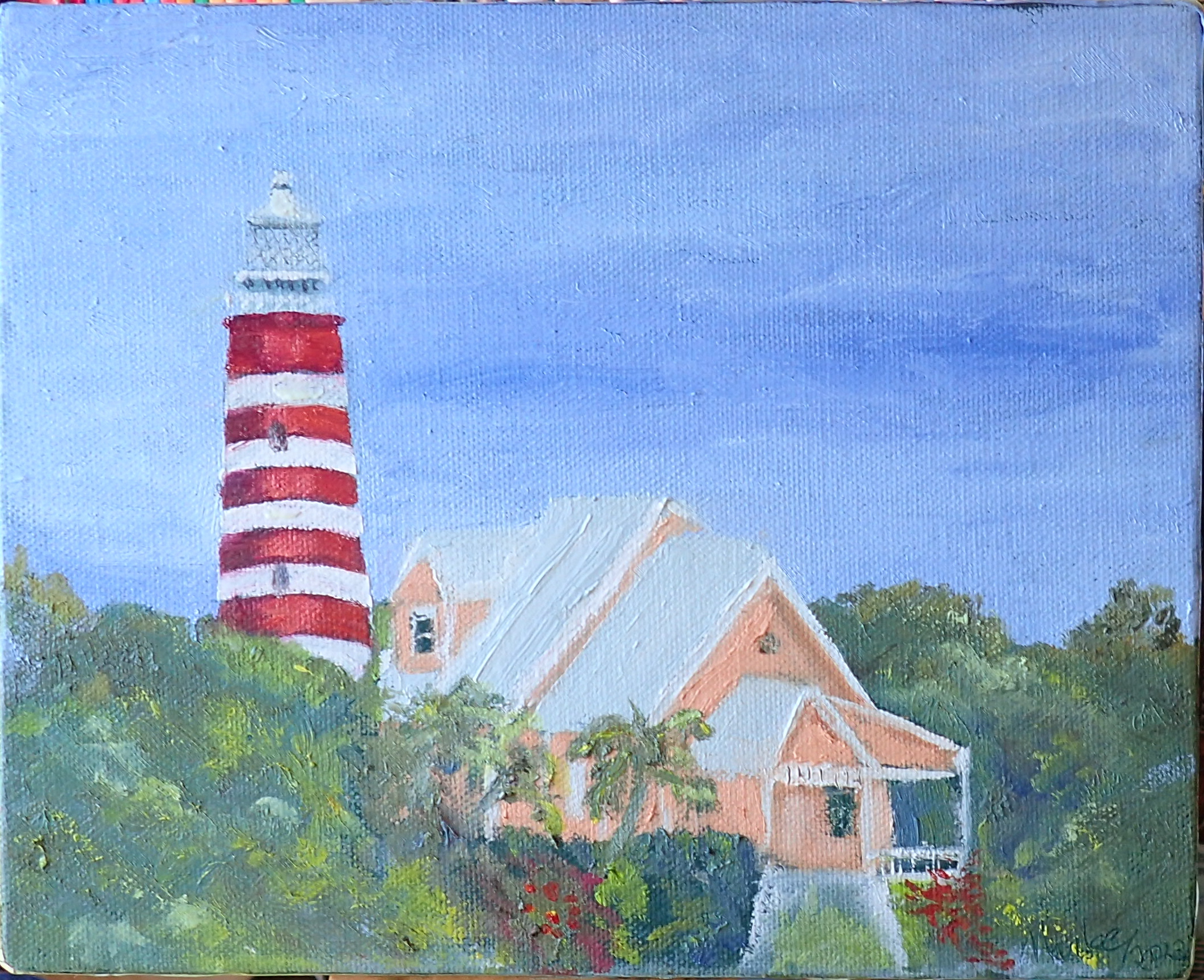 Original Oil 8x10" on Cradles Canvas.  The Hope Town Lighthouse towers above one of the many villas at the Hope Town Inn and Marina in Hope Town. 